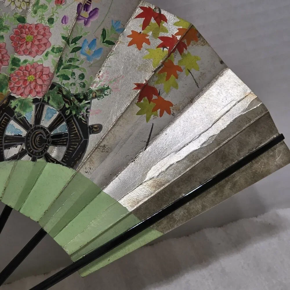 Vintage Oriental Folding Fan Floral Cart Design 19 1/2